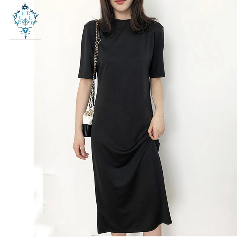 

CUERLY 2019 Summer Women's Modal office Dress New Women's Long Round Neck Short Sleeve Straight Skirt Simple long T-Shirt dress