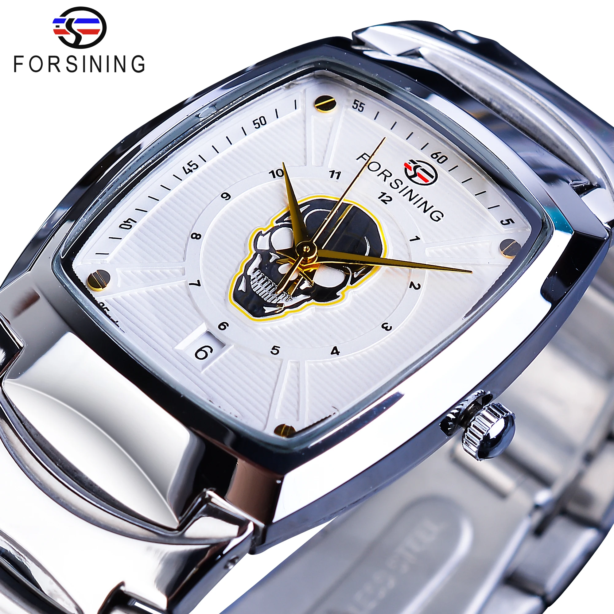 

Forsining Mens Quartz Watch White Ghost Skull Date Function Rectangle Dial 3D Stainless Steel Band Wrist Watches For Men Casual