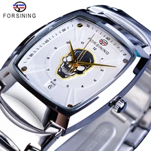 Forsining Mens Quartz Watch White Ghost Skull Date Function Rectangle Dial 3D Stainless Steel Band Wrist Watches For Men Casual