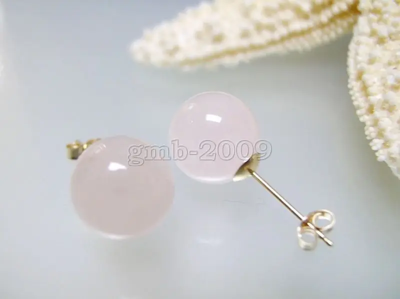 

10mm Natural Madagascar Round Pink Rose Quartz 18K Gold Stud Earrings 5.29