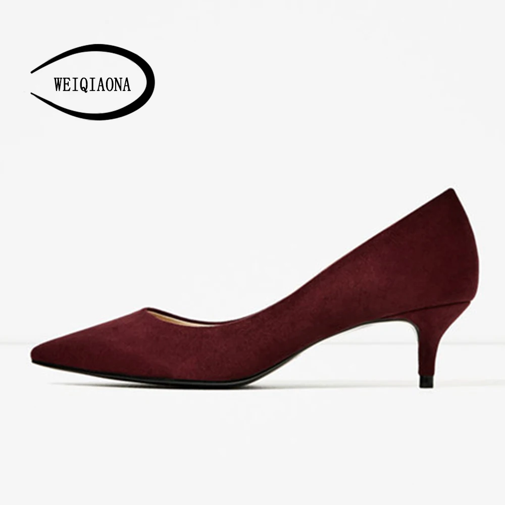 WEIQIAONA/размеры 34-40; женская обувь; брендовые классические Замшевые женские туфли-лодочки на низком каблуке; Женская рабочая обувь на шпильке с острым носком