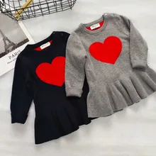 Весенне-осеннее мини-платье для девочек Детский свитер Детское вязаное платье брендовая вязаная одежда для детей, жаккардовое платье с рюшами и надписью «big red love» для детей возрастом от 2 до 5 лет