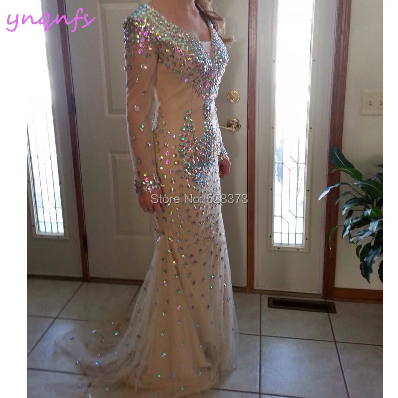 YNQNFS ED235 кристалл платье V шеи длинным рукавом Русалка Шампанское платья невесты элегантные саудоаравийском Abiye вечерние платья 2019