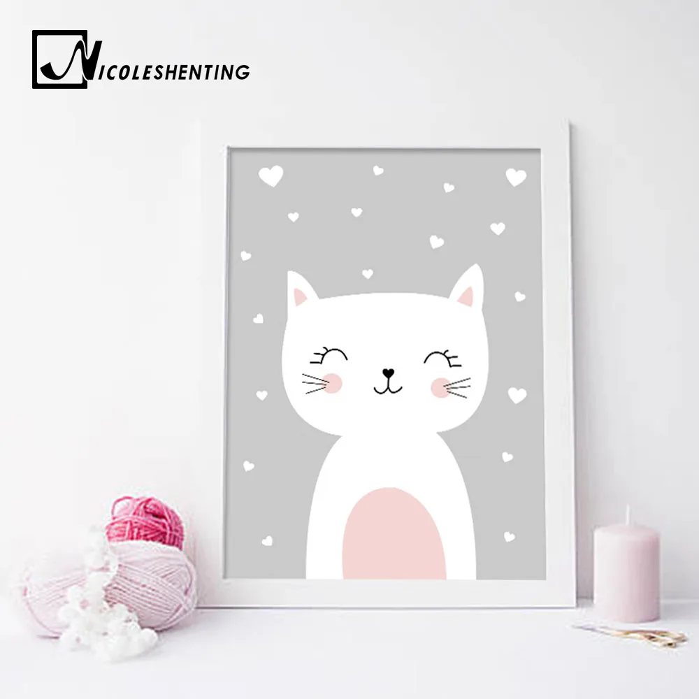 Kawaii Wall Art Холст постер для детской комнаты принт мультфильм кошка кролик Живопись скандинавские детские украшения Картина декор для детской гостиной