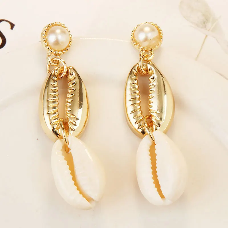 

Wholesale(12pair/lot) Sea Shell Earrings For Women Gold Color Metal Shell Cowrie Statement Earrings 2019 Summer Beach Jewelry