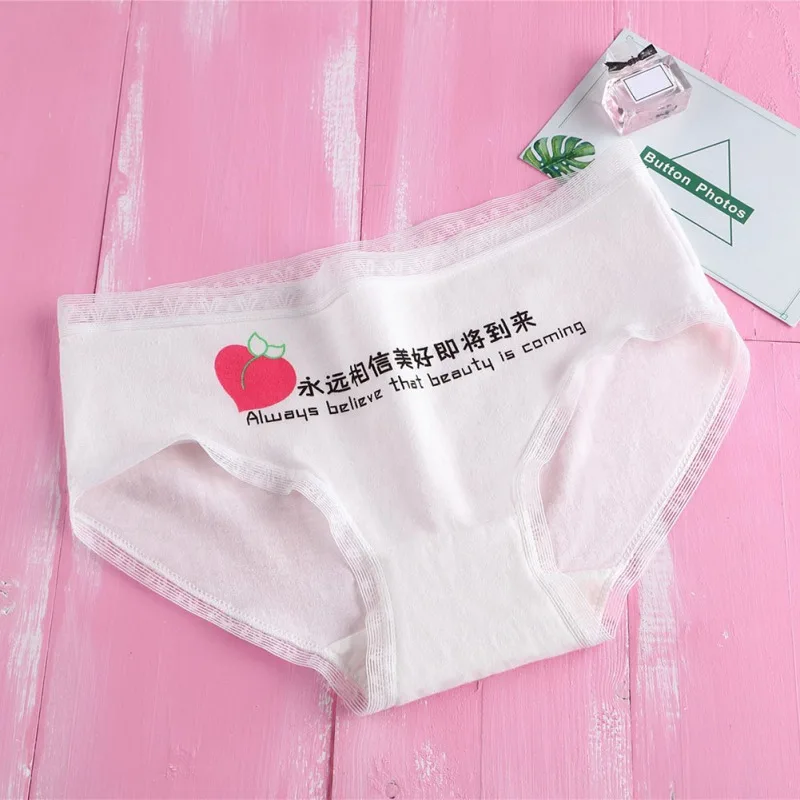

Cute Cartoon Letter Printed Girl Panties Pattern Briefs Lace Edge Soft Comfy Underwear Japan Middle Waist White Underwear