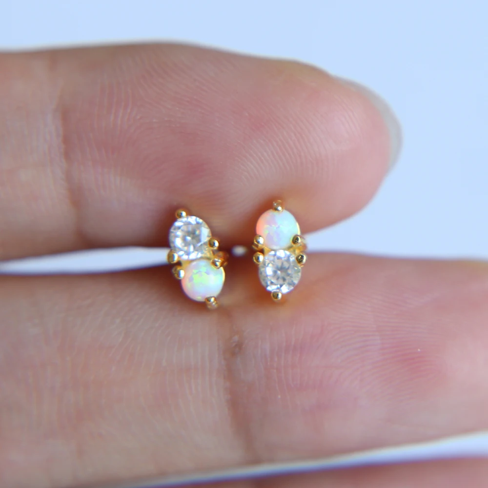 2017 cute minimal girl jewelry 925 sterling silver dainty delicate opal stone tiny stone double hole small earring 925