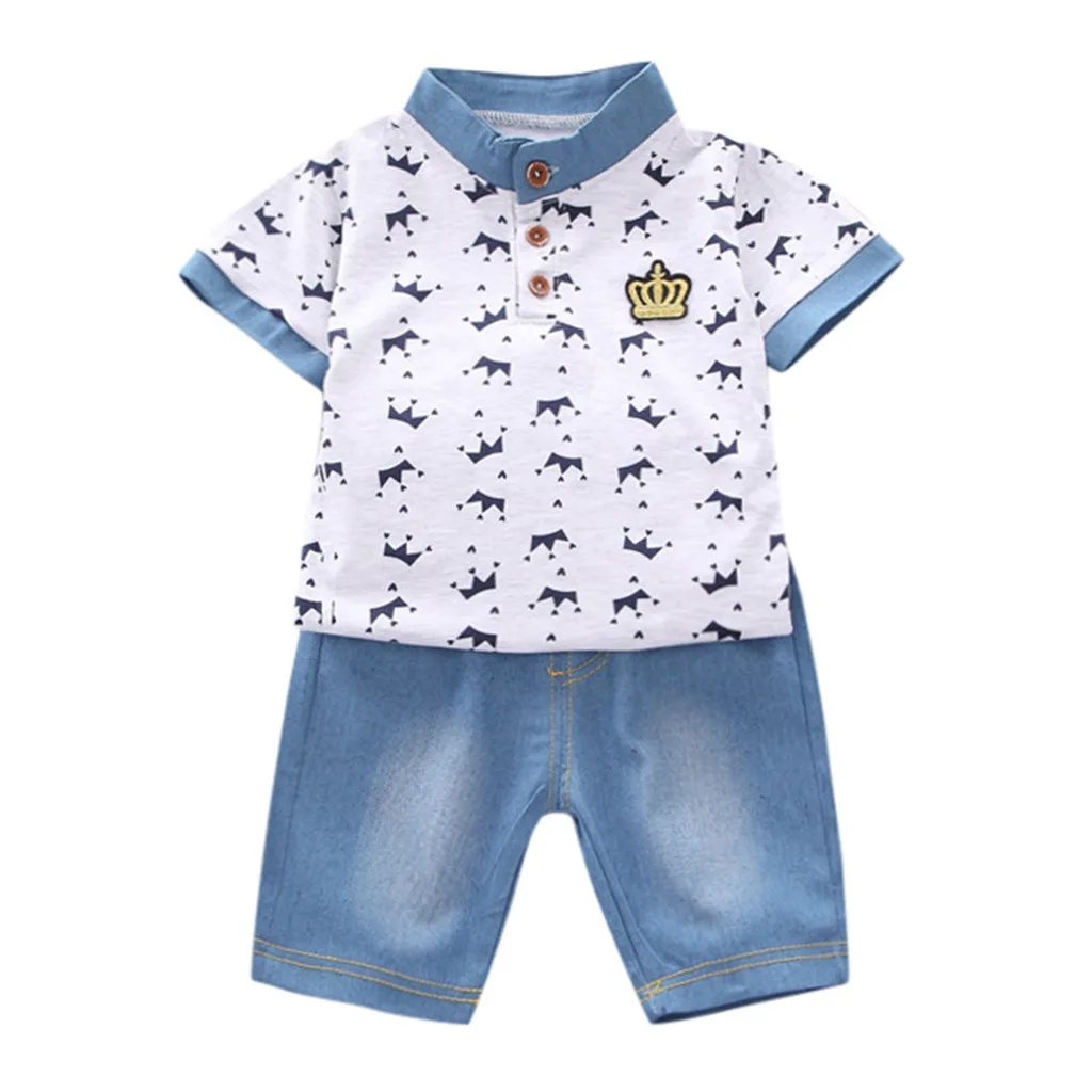 Toddler Boy Clothes Summer Crown T Shirt+ Denim Shorts Pants Sets Outfits Children Baby Clothing For Boys 1 2 3 4 5 Years - Цвет: Gray