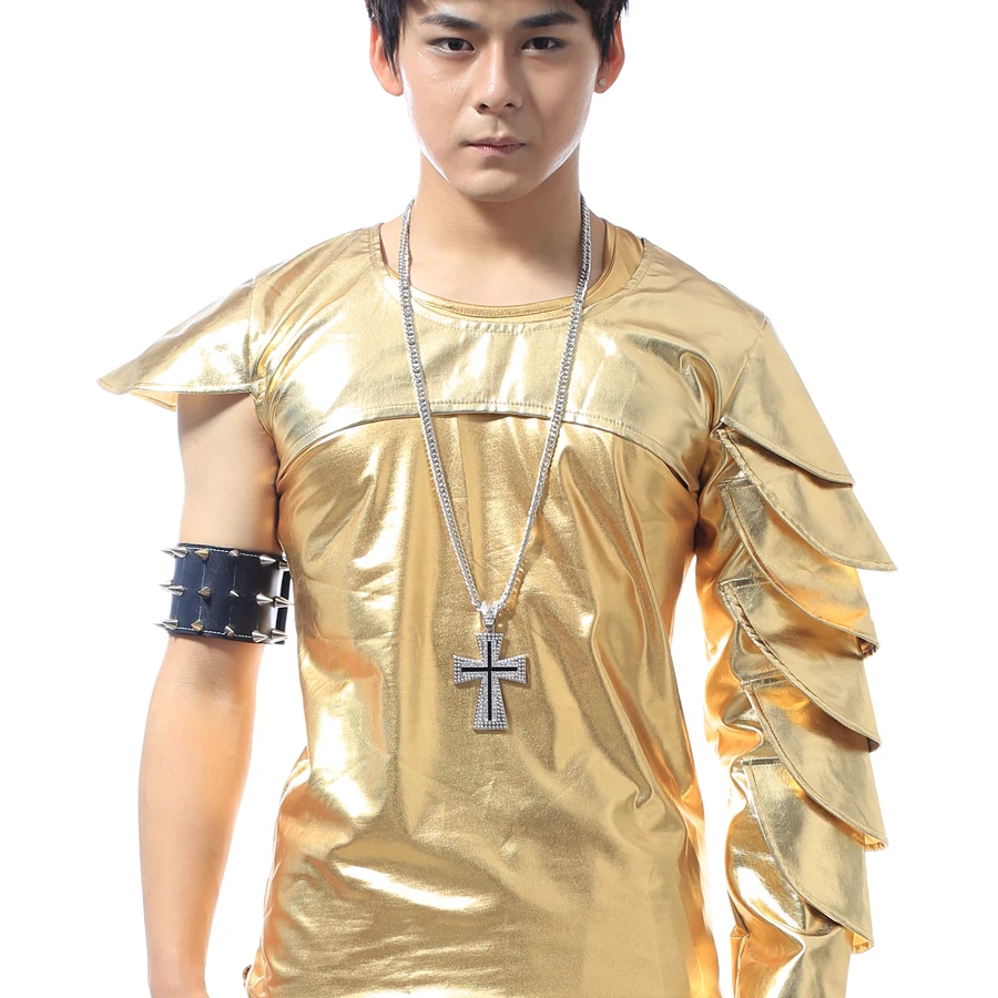 

Stage Costume Men Nightclub DJ DS Gogo Performance Shawl Rave Clothes For Singers Dancer Gold Outfit Hip Hop Dancewear DNV10477