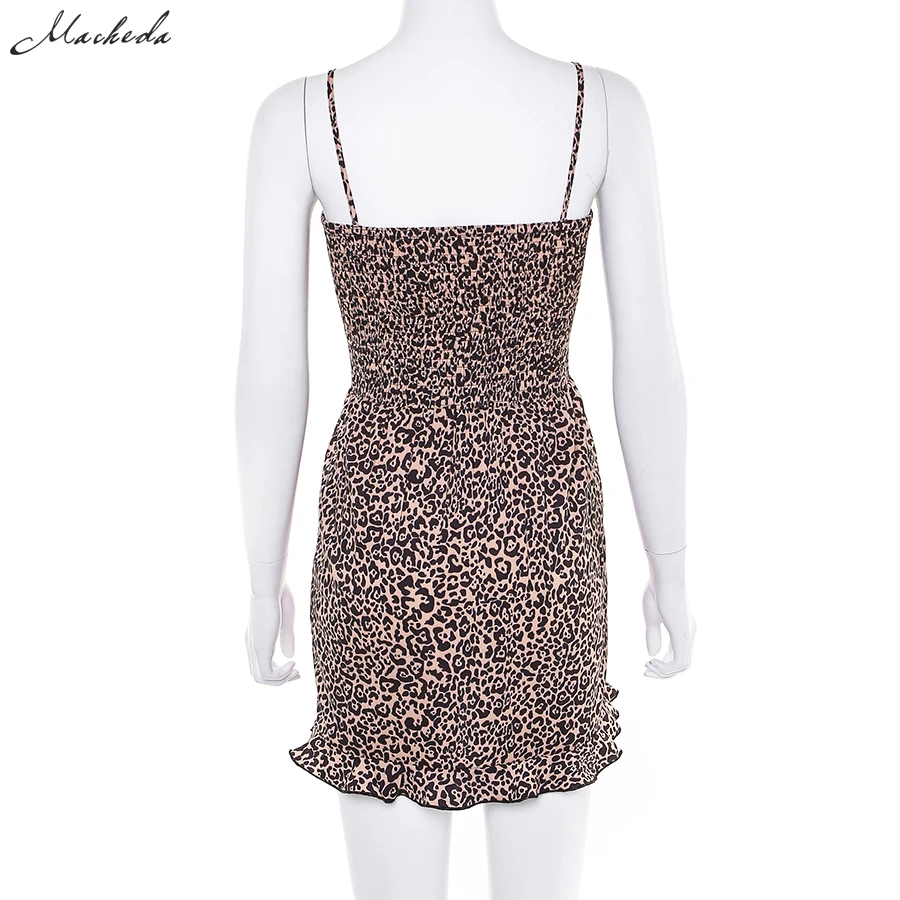 Macheda Autumn Leopard Print Mini Dresses Women Fashion Spaghetti Strap Ruffle Sleeveless Casual Short Dresses New