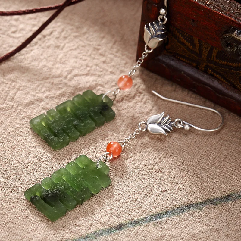 

Brinco Sale Jasper 2018 New S925 Pure Antique Mosaic And Jade Double Happiness Flower Lady High-end Drop Earrings Wholesale