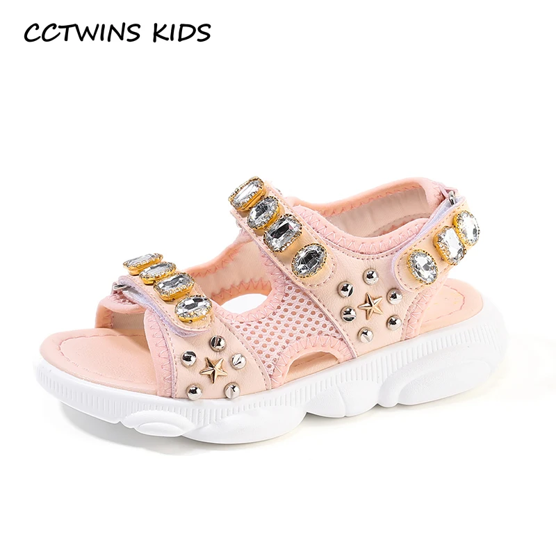 

CCTWINS Kids Shoes 2019 Summer Girls Fashion Princess Party Sandals Rhinestone Beach Flats Toddler Baby Soft Barefoot Shoe BS273