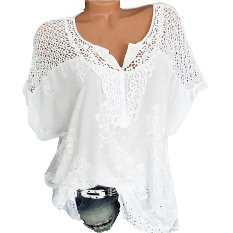 

2019 Women Lace Patchwork Short Sleeve Blouse Tops Chiffon Shirt Casual Tops Sexy Blouse Ladies Summer Hollow Out Blouse Top