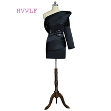 Черный Реплики платьев знаменитостей на одно плечо одежда с длинным рукавом Короткие мини лук торжественный красный ковер платья