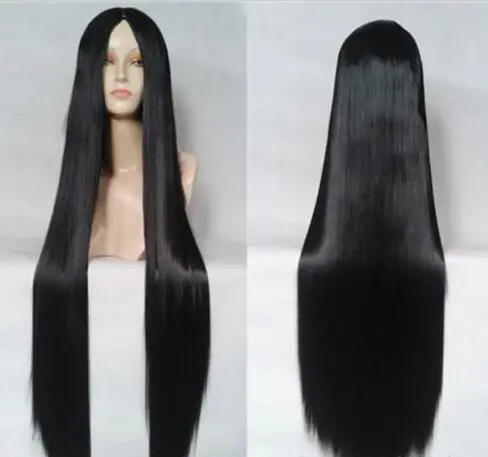 

New 100CM Middle part Black long sleek straight hair wig fashion women's wigs