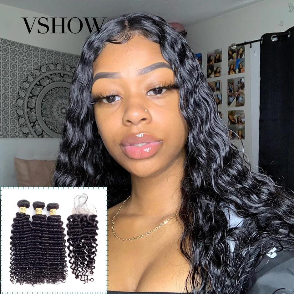 

Brazilian Deep Wave Bundles With Closure 4*4 Free Part Lace 3 Bundles With Closure VSHOW Remy Human Hair Bundles With Closure