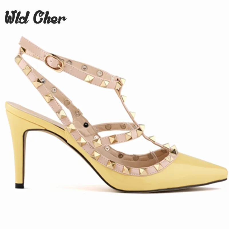 

Free Shipping 9 Cm Punk Rivet Pointed Toe Brand Women Pumps Fashion High Heels Shoes Mulher Pumps Women Wedding Shoes Size 42