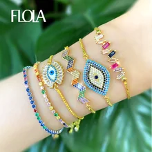 FLOLA-pulsera de ojo de arco iris para mujer y niña, Pulseras de tenis de cristal CZ dorado, joyería de arcoíris, ojo turco brtb53