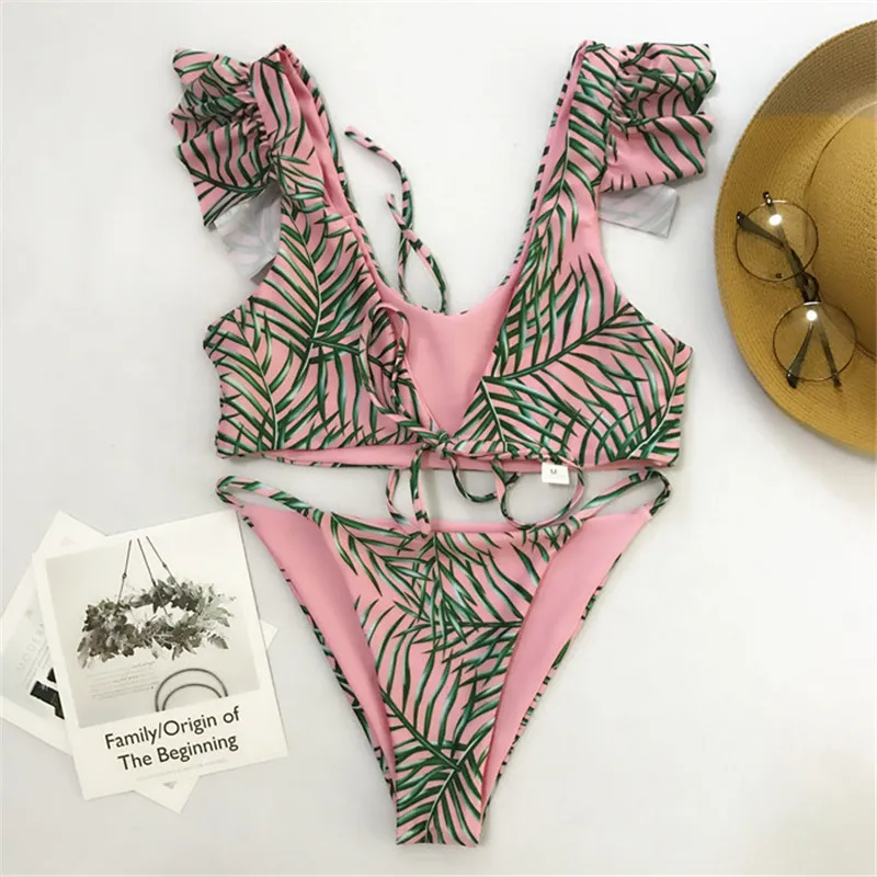 

Funfeliz Ruffle Bikini Women Bandage Thong Bikini Female Swimwear Women Sexy Bathing Suits Pink Striped Two Pieces Swimsuit