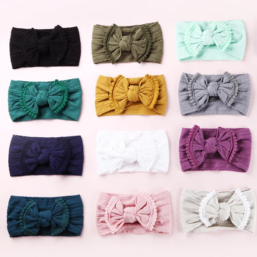 

Cable Knit Bow Nylon Headbands with Pompom Trim, Wide Nylon Head wraps, Baby Shower Gift Girls Hair Accessories