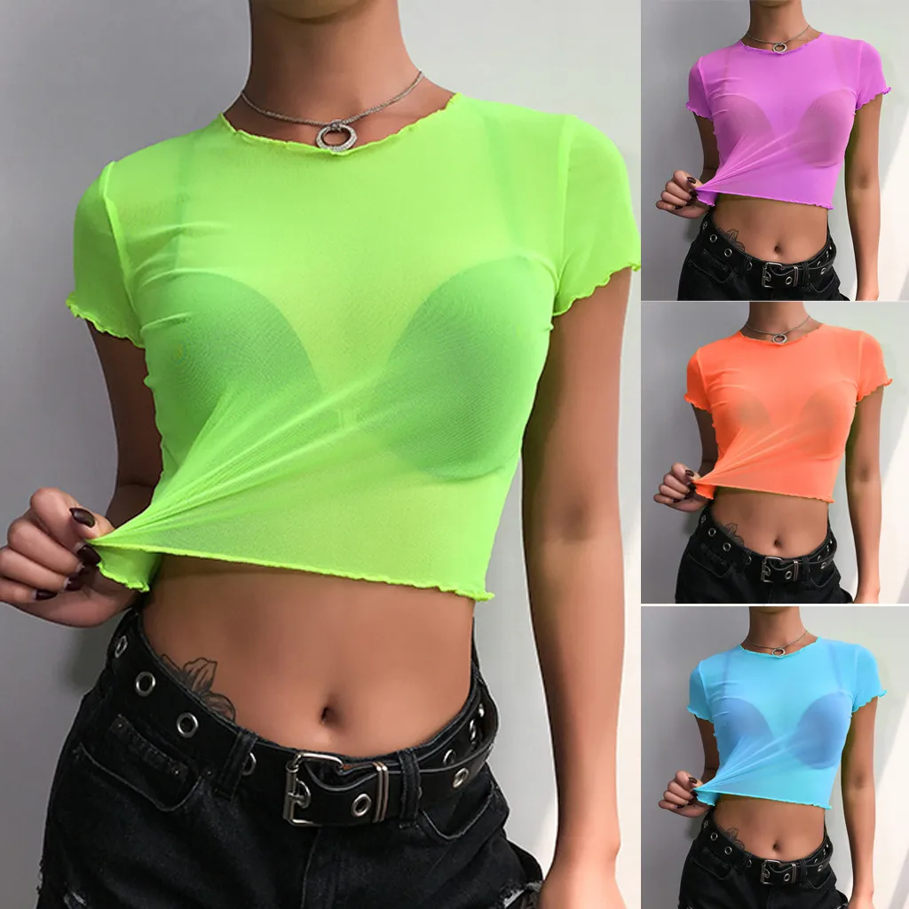 

Fashion Women Fluorescent O-Neck Slim solid color Wild High waist Short Sleeve Mesh Perspective Short Navel Top ropa sexy mujer