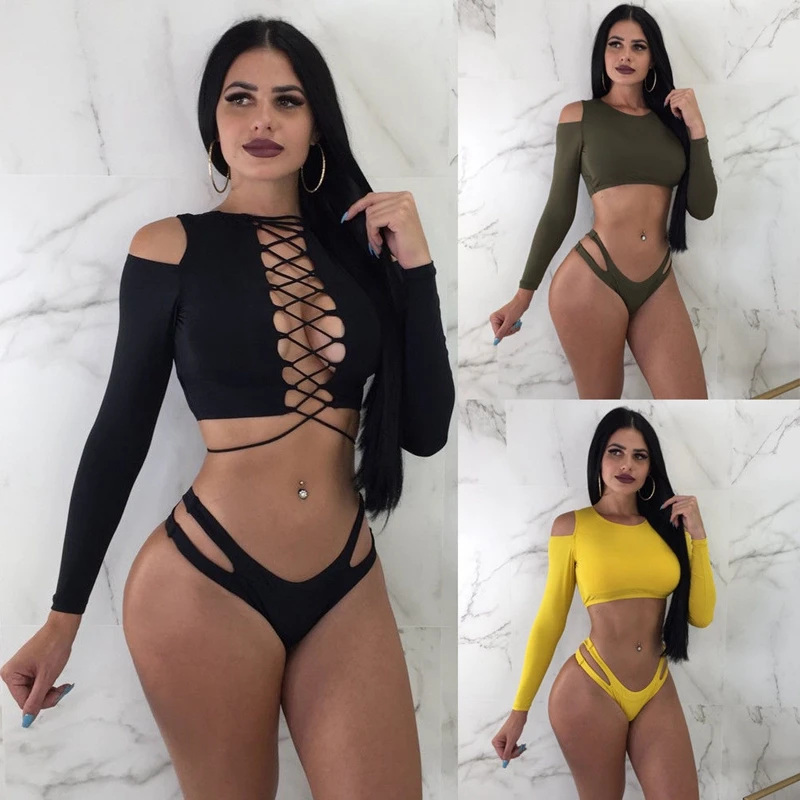 

Fashion Women Long Sleeve Hollow Cold Shoulder Push-up New Bikini Swimwear Bathing Beachwear