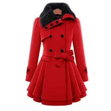 Зима в европейском и американском стиле; Женская Костюмы длинный, шерстяной пальто двубортные Женские теплое пальто с поясом, плиссированная юбка, пальто