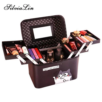 

Large Capacity Professional Makeup Organizer Fashion Toiletry Cosmetic Bag Multilayer Storage Box Portable Cute Cat Suitcase