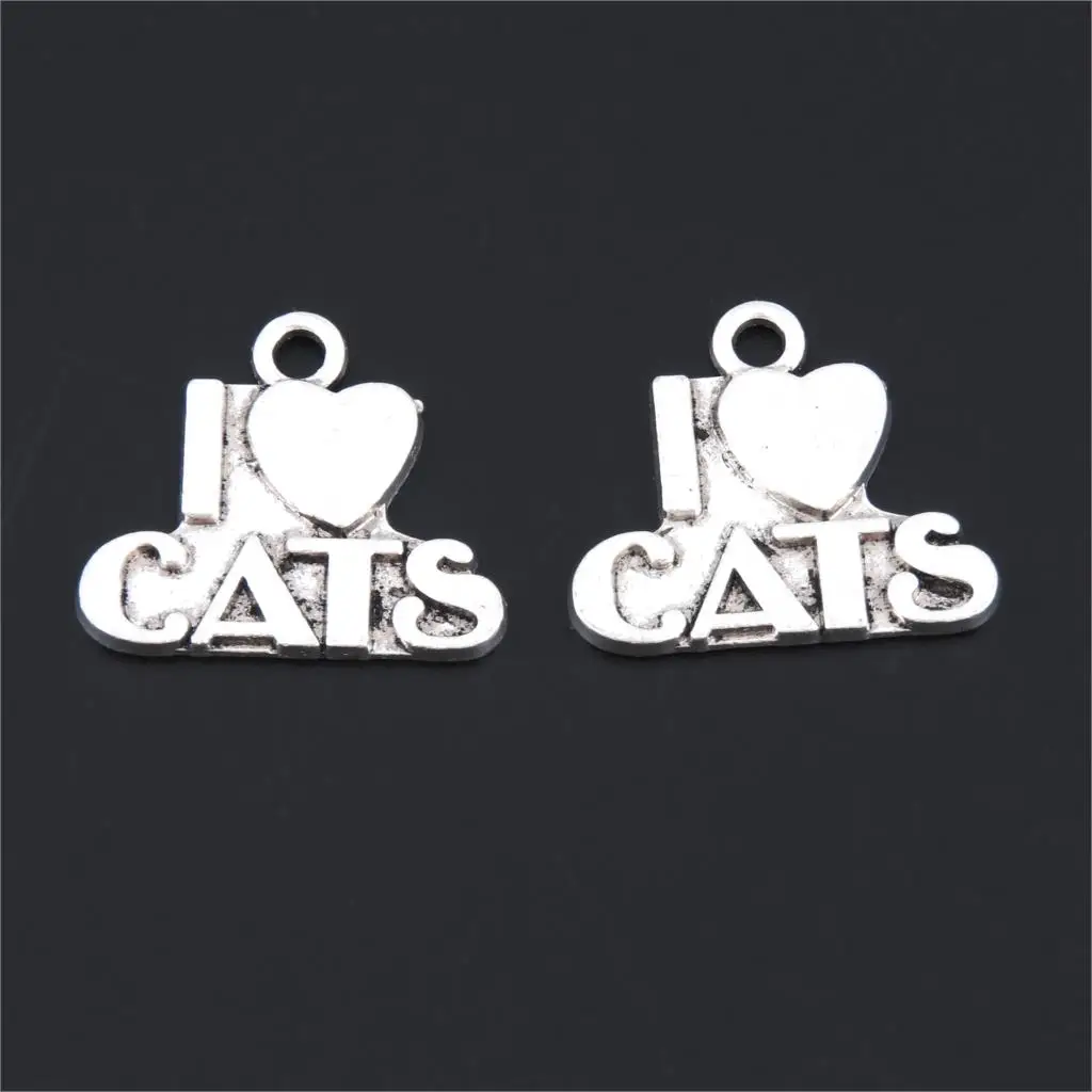 

15Pcs Antique Silver Letter Printed I love My Cats Charms Making Heart Message Pendant Keychainewelry Wholesales 21X24mm A3182