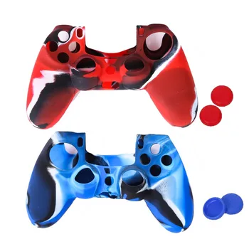 

2Pcs/Lot 1 Blue +1 Red Silicone Soft Skin Case Cover Protector for Gamepad + 4Pcs Joystick Thumbstic Caps for PS4 Controller