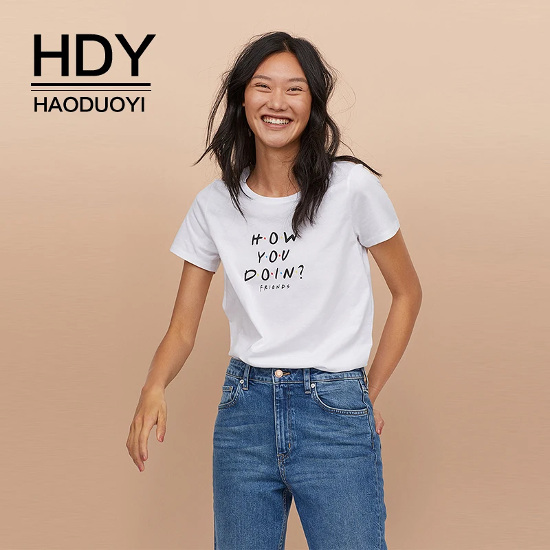 

HDY Haoduoyi English Print Casual Women Tees Simple Casual Sports Solid Color Wild Pattern Round Neck Tops Short-sleeved T-shirt