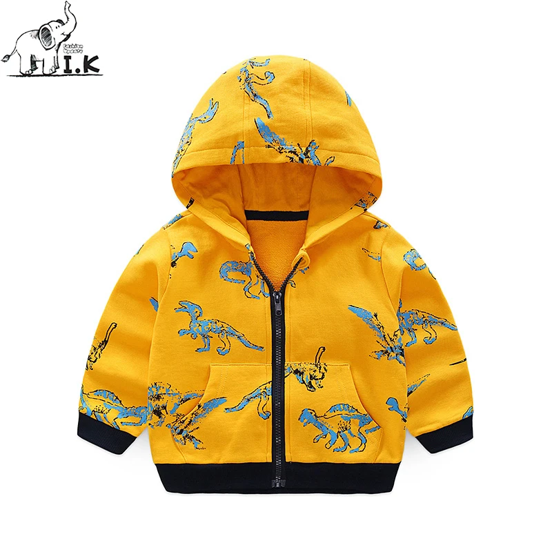 

I.K Infant boys dinosaur hoodie zipper jacket little kids yellow outwear children cotton sport outfits WT26018 Autumn New 2018