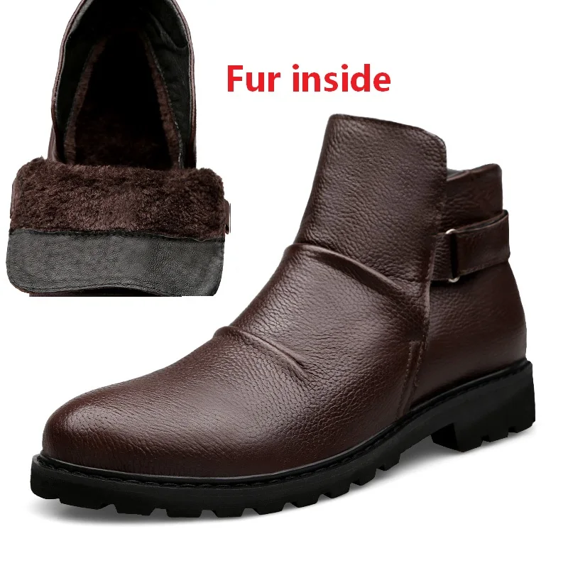 Мужская зимняя обувь в байкерском стиле; ботильоны из натуральной кожи; зимние ботинки без застежки на резиновой подошве; повседневная обувь для мужчин; размеры 38-44 - Цвет: Fur inside brown
