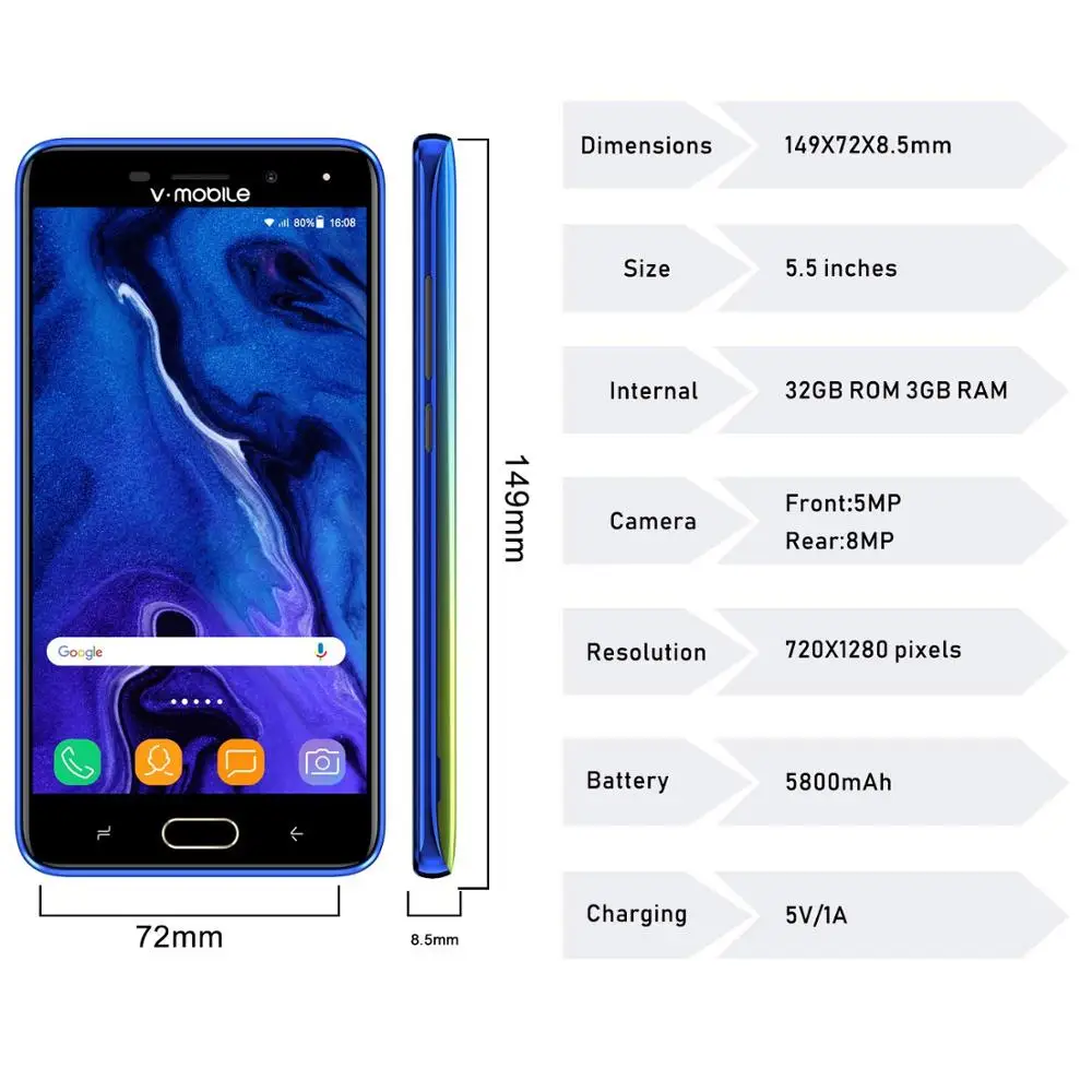 TEENO Vmobile J7 телефон телефоны Android, 5," HD Экран 3GB RAM 32GB Встроенная память Две сим-карты Супер аккумулятор 4G LTE смартфон