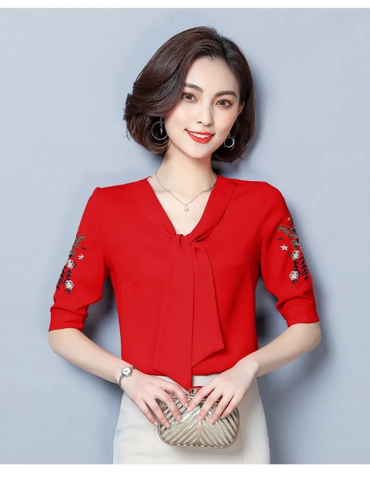 2018 New Arrival Lady Blouse Summer Fashion Shirts Floral Embroidered Tops Plus Size Short Sleeve Office Chiffon Blusas Feminina (4)