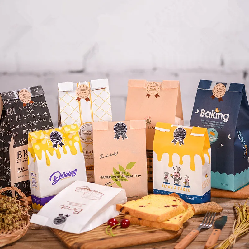 

10pcs Food grade Kraft Greaseproof Baking Package Bags Hand Made Bread Toast Bags With Seal Stickers for Biscuits Paper Bag