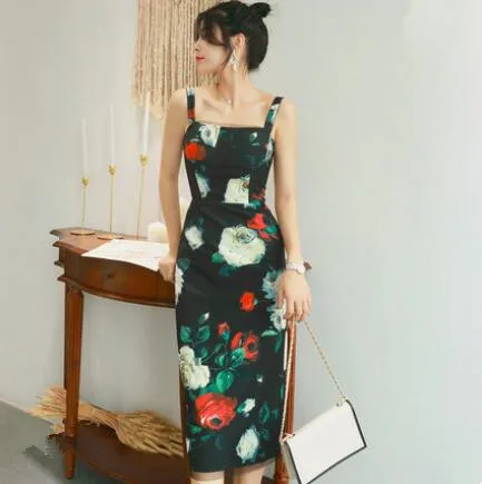 

Women Summer Dress Elegant A-line Evening Party Dress Mid-Calf Square Collar Print Sleeveless Vestidos