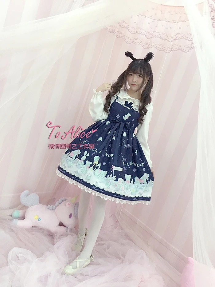 Lolita Dress Cute Ice Doll Snowflake JSK Lolita Dress Fairy Kei Sleeveless Sashes Bear Lace Trim Bows Fancy Dolly Dress Navy Blue & Sky Blue