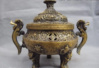 

Tibet Temple Copper Bronze Eight treasures Two Ear Beast censer Incense burner