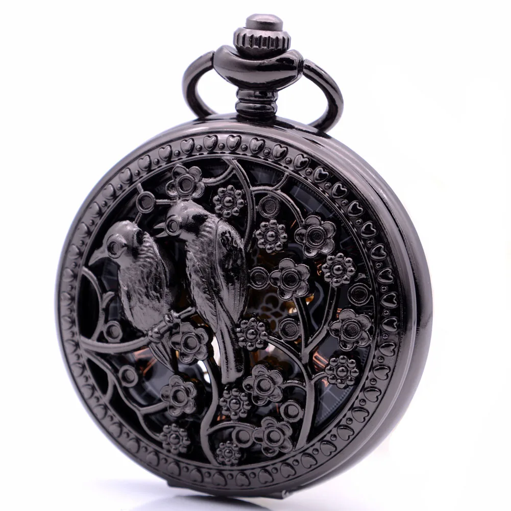 

Hollow Two Magpies Swallow Hand Wind Mechanical Pocket Watch Skeleton Gears Pocket Fob Chain Gift relogio de bolso Black