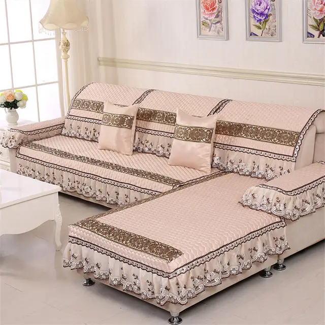 Waterproof quilted sofa covers lace embroidered luxury sofa skirt