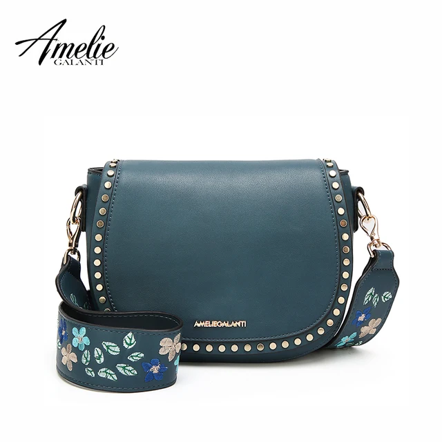 AMELIE GALANTI Small Women Bag Shoulder Crossbody Bags for Women Saddle Purse Embroidered with Rivet Long Straps