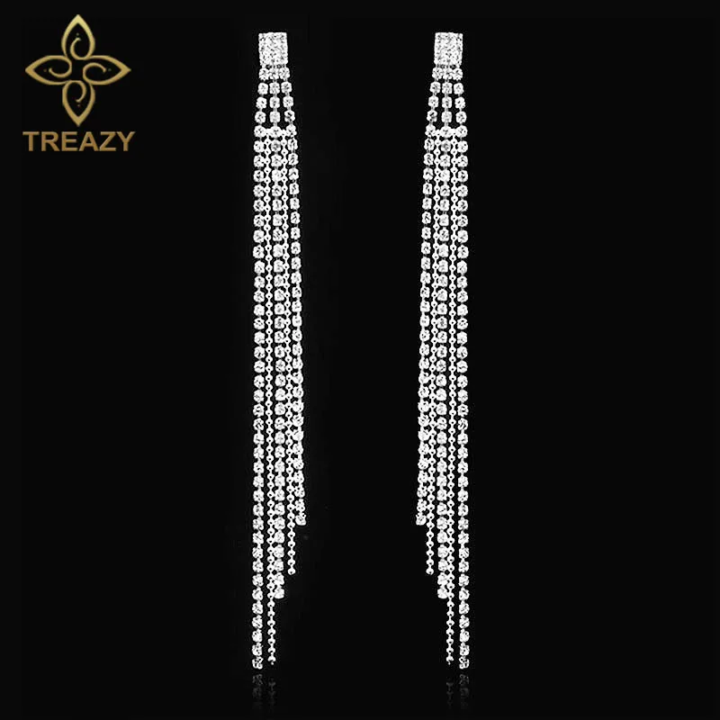 TREAZY Beautfiul Серебряный Цвет Кристалл супер длинные кисточки свадебные серьги со