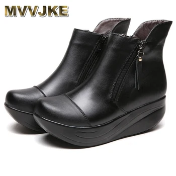 

MVVJKE New Women Snow Boots Platform Genuine Leather Winter Women's Shoes Lace Up Fur Boots Black Warm Ankle Boots Plus Size