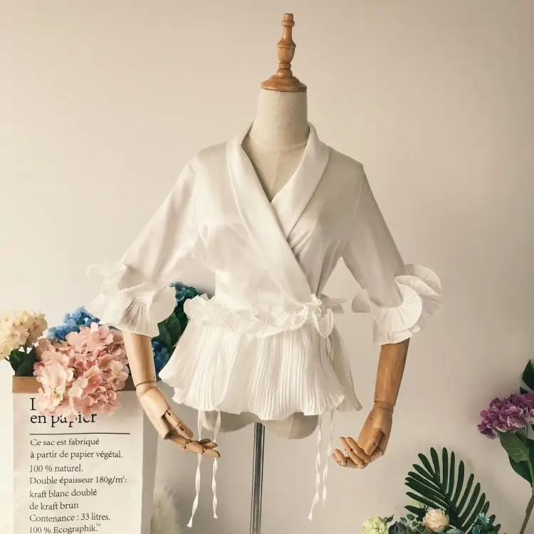  Runway 2018 Spring Women V-Neck Pleated Treated Lace Chiffon Shirt 3D Flowers Bow Satin Blouses ruf