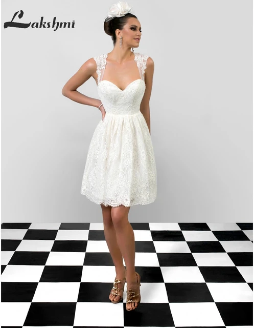 Simple Scalloped A Line Short Wedding Dresses With Open Back White Simple Scalloped A Line Short Wedding Dresses With Open Back White Ivory Lace Mini