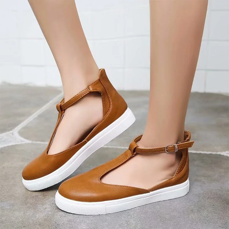 

Summer Women Plus Size Flat Sandals Solid PU Flat Shoes Female Ankle Strap Casual Fashion Vulcanized Shoes Breathable Female