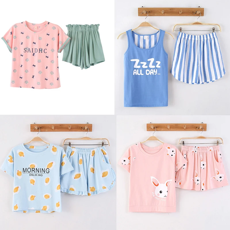 

KISBINI 2020 New Summer Women Pajamas Set Cotton Letter Print Short Sleeve T-Shirt+Shorts Sleepwear Homewear 2Pcs Night Wear