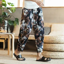 Китайский стиль, длина по щиколотку, хлопковые льняные штаны, Свободные мешковатые штаны на шнурке, свободные шаровары, большие размеры, мужские брюки