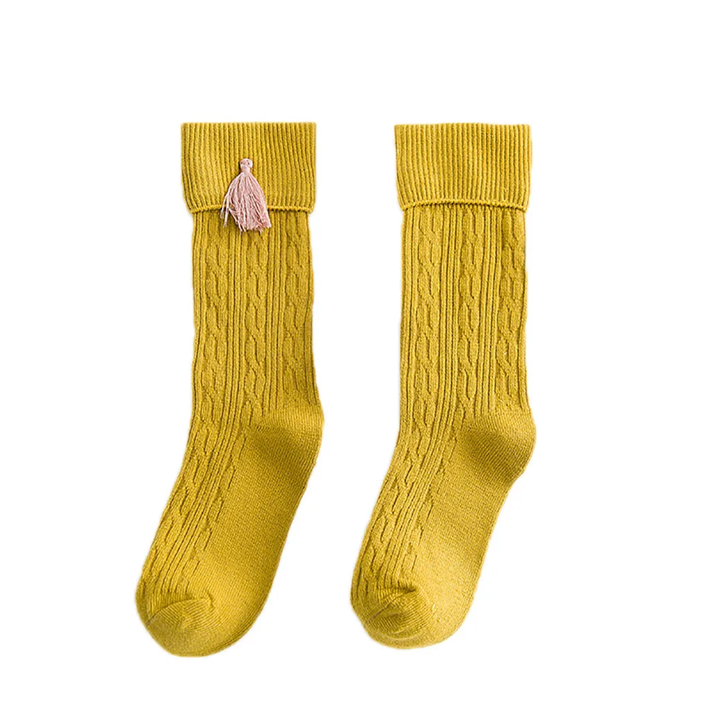 Весеннее платье для маленьких девочек из хлопка для малышей, высокие носки гетры мягкий яркий цветной теплые носки с кисточками Детские носки средней длины, носки без пятки для детей, комплект детской одежды# T - Цвет: Yellow